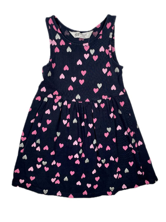 2-4, H&M, Blue, Sleeveless heart print dress, pink/silver