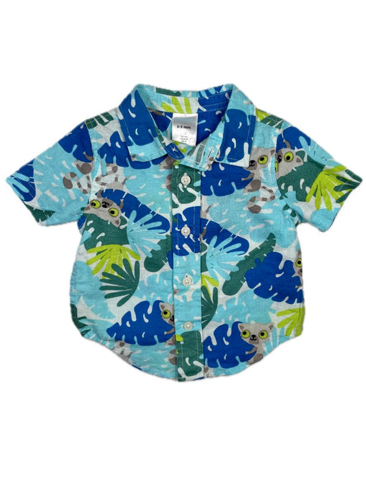 0-3 mo, Gymboree, Blue, NEW w/ tags - Lemur + tropical leaf short-sleeve button-up shirt