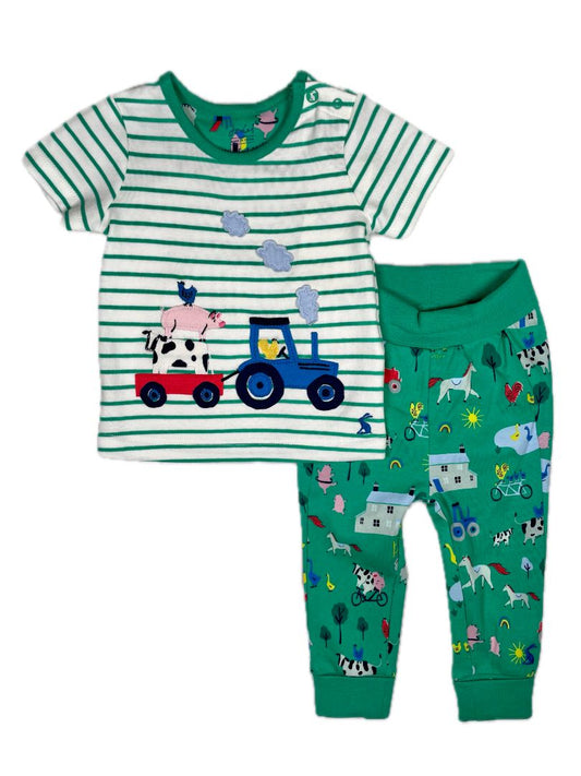 6-9 mo, Joules, Green, NEW w/ tags - Farm appliqué striped t-shirt + pants pajama SET