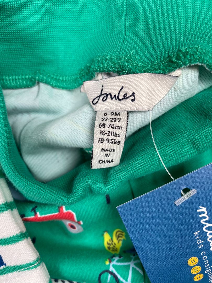 6-9 mo, Joules, Green, NEW w/ tags - Farm appliqué striped t-shirt + pants pajama SET