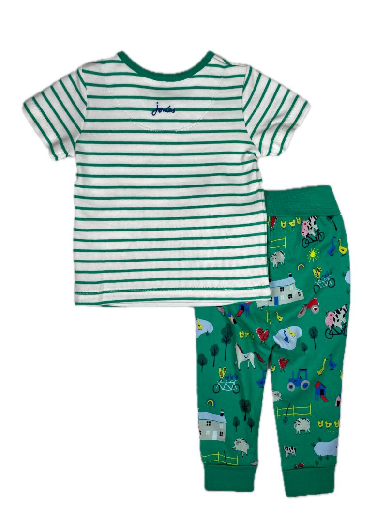 6-9 mo, Joules, Green, NEW w/ tags - Farm appliqué striped t-shirt + pants pajama SET