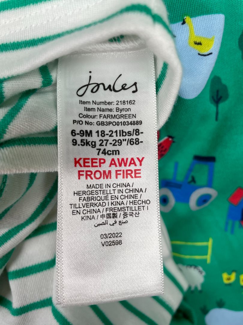 6-9 mo, Joules, Green, NEW w/ tags - Farm appliqué striped t-shirt + pants pajama SET