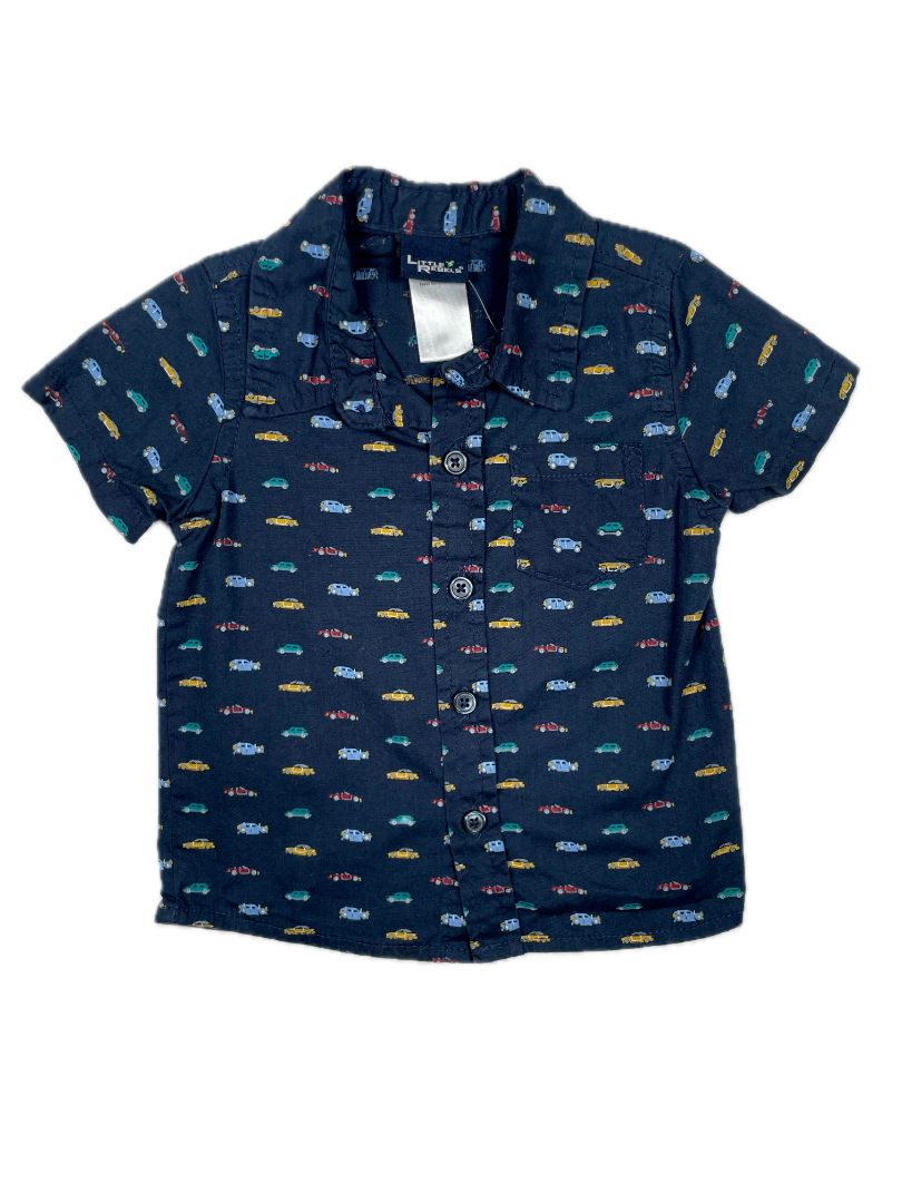 12 mo, Little Rebels, Blue, Car print short-sleeve button-up shirt