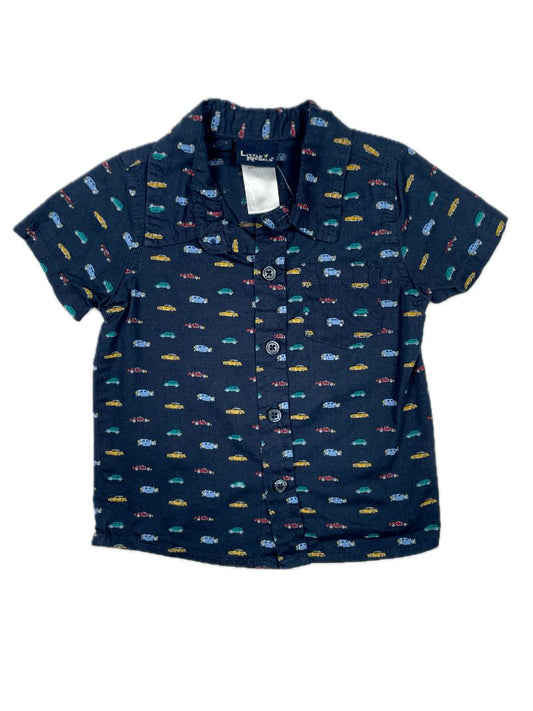 12 mo, Little Rebels, Blue, Car print short-sleeve button-up shirt
