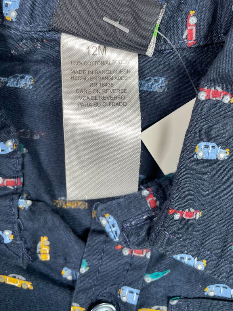 12 mo, Little Rebels, Blue, Car print short-sleeve button-up shirt