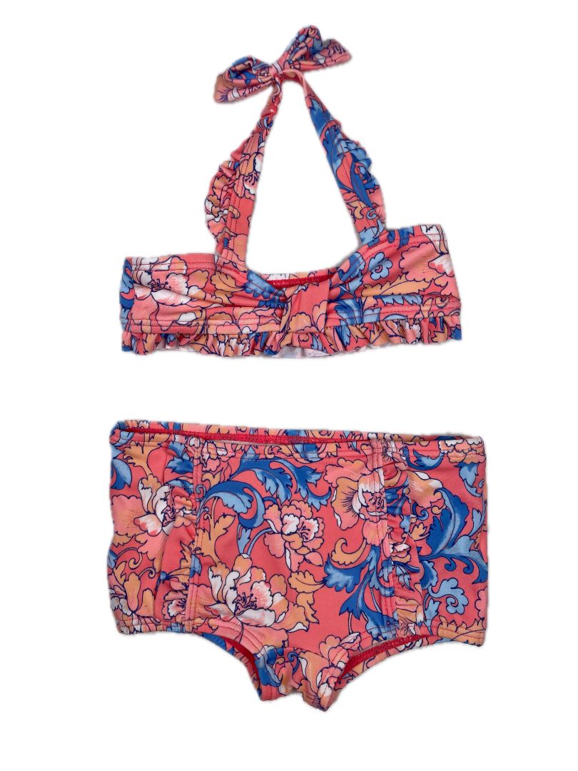 6-12 mo, Janie and Jack, Orange, Floral 2-piece swimsuit, halter top, frills on bottom SET
