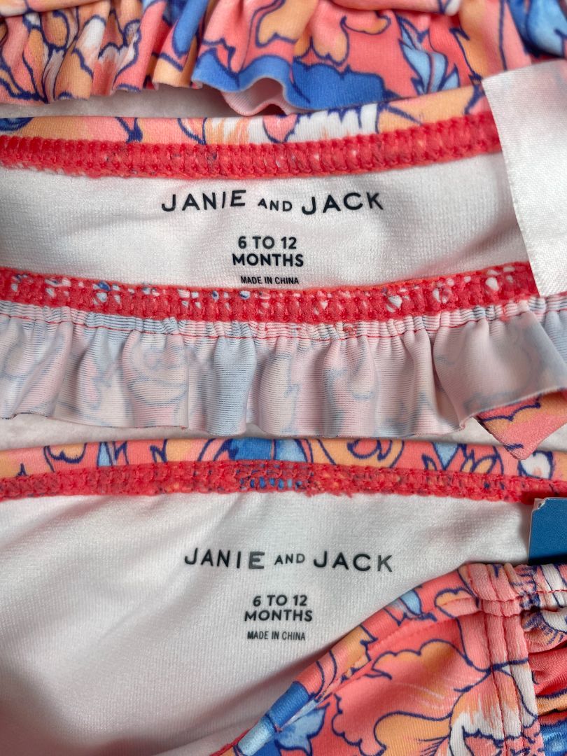 6-12 mo, Janie and Jack, Orange, Floral 2-piece swimsuit, halter top, frills on bottom SET