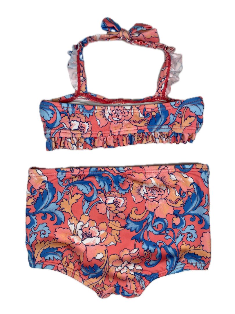 6-12 mo, Janie and Jack, Orange, Floral 2-piece swimsuit, halter top, frills on bottom SET