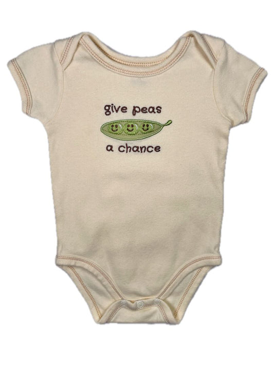 0-3 mo, Touched by Nature, Yellow, "Give peas a chance" embroidered short-sleeve bodysuit w/ pea pod