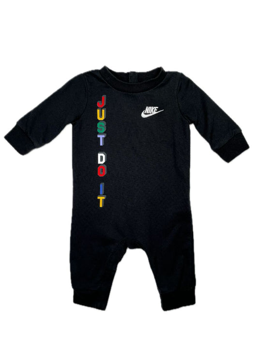3 mo, Nike, Black, 'Just Do It' long-sleeve coverall, embroidered logo