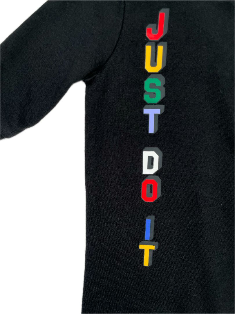 3 mo, Nike, Black, 'Just Do It' long-sleeve coverall, embroidered logo