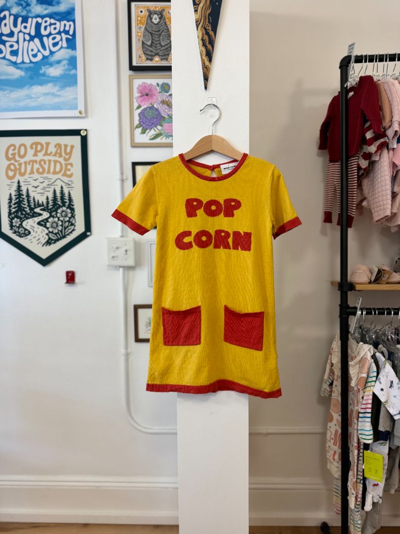 4-5, Mini Rodini, Yellow, POPCORN short-sleeve knit dress, red pockets (some spots)