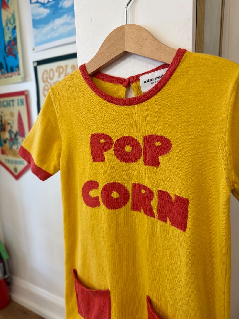 4-5, Mini Rodini, Yellow, POPCORN short-sleeve knit dress, red pockets (some spots)