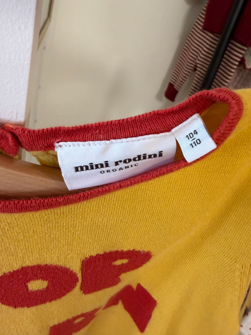 4-5, Mini Rodini, Yellow, POPCORN short-sleeve knit dress, red pockets (some spots)