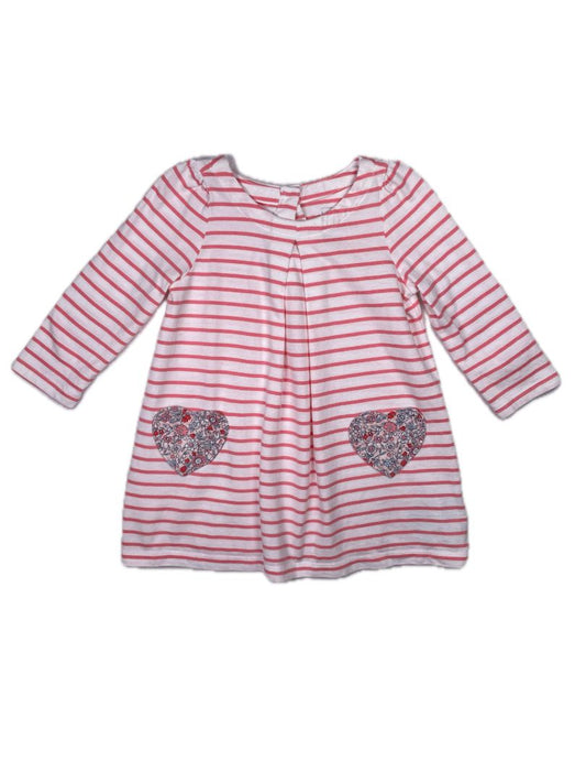 12-18 mo, babyGap, White, Pink striped long-sleeve dress w/ floral heart pockets