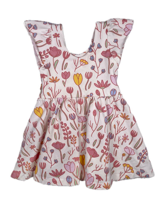 2/2T, Monica + Andy, White, Tulip/floral flutter-sleeve dress, organic cotton + stretch, pink/yellow/blue