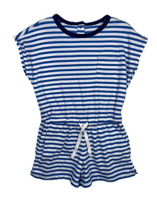 3/3T, Primary, Blue, White-striped drawstring romper