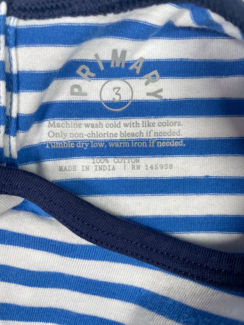 3/3T, Primary, Blue, White-striped drawstring romper