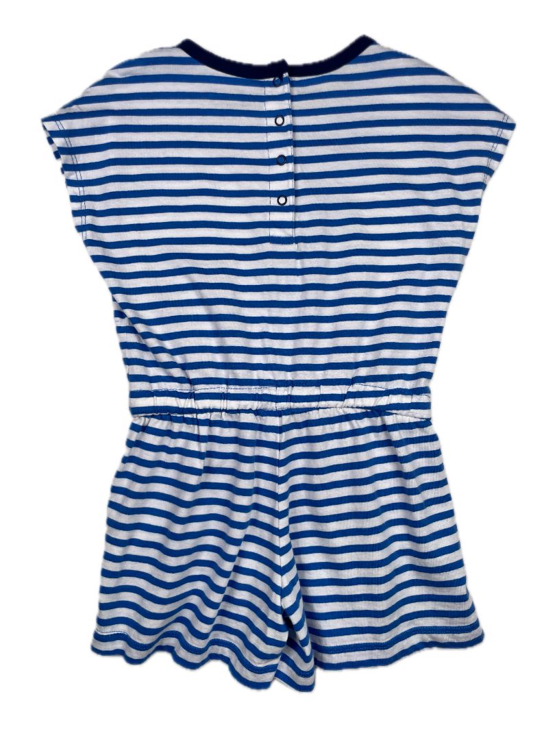 3/3T, Primary, Blue, White-striped drawstring romper