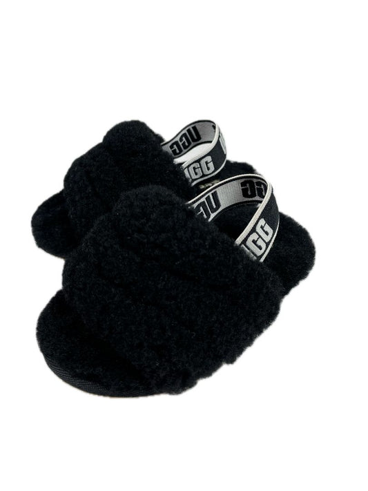 Size 7, UGG, Black, Fluff Yeah sheepskin slides / sandals