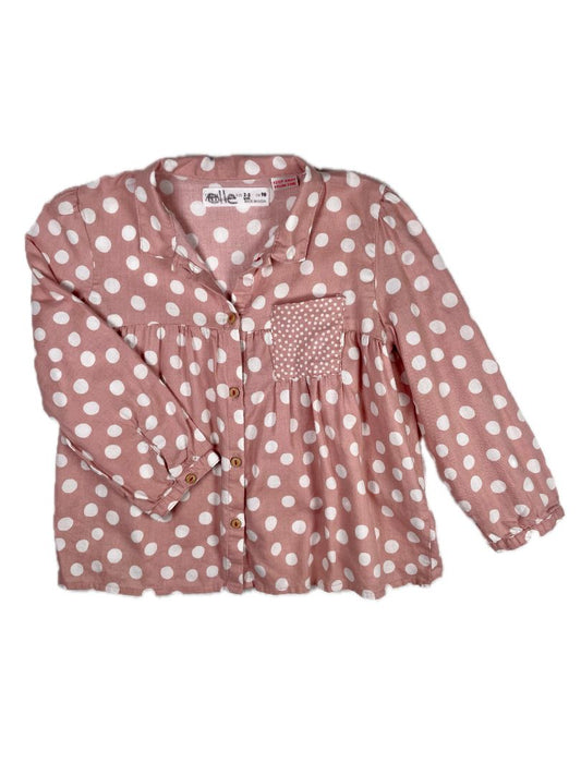 2-3, Zara, Pink, White polka dot button-up blouse, button sleeve option