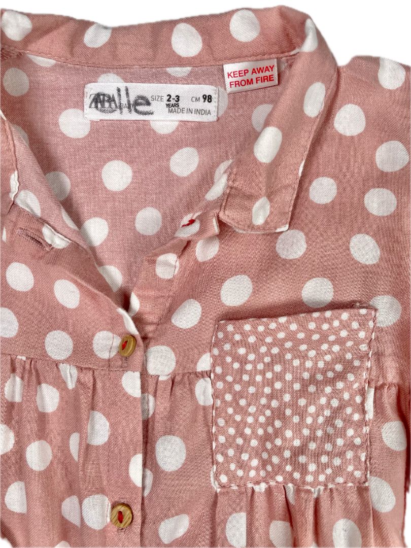 2-3, Zara, Pink, White polka dot button-up blouse, button sleeve option