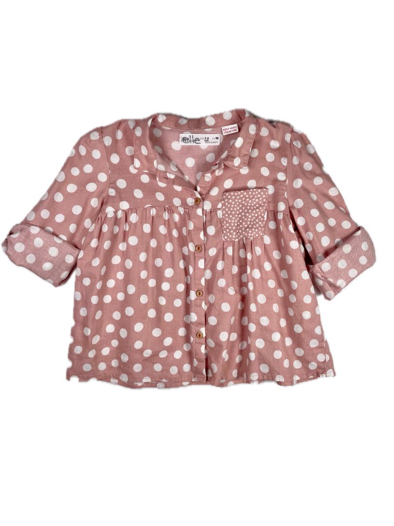2-3, Zara, Pink, White polka dot button-up blouse, button sleeve option