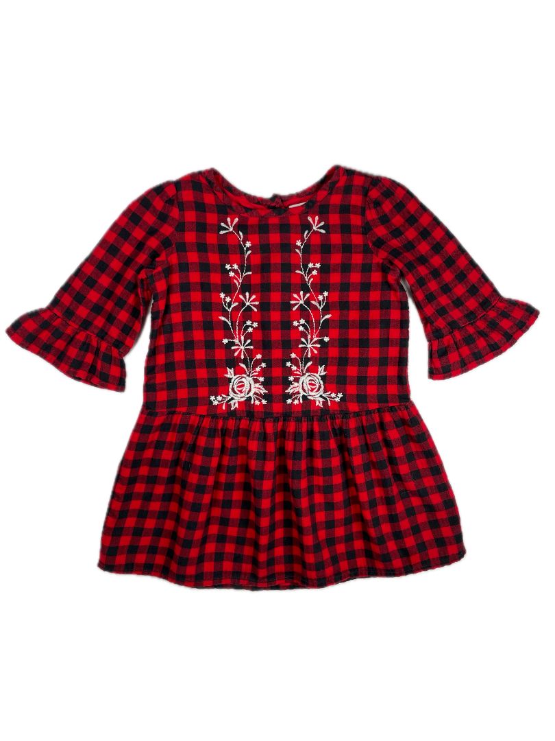 3/3T, babyGap, Red, Black gingham drop-waist long-sleeve dress w/ white floral embroidery