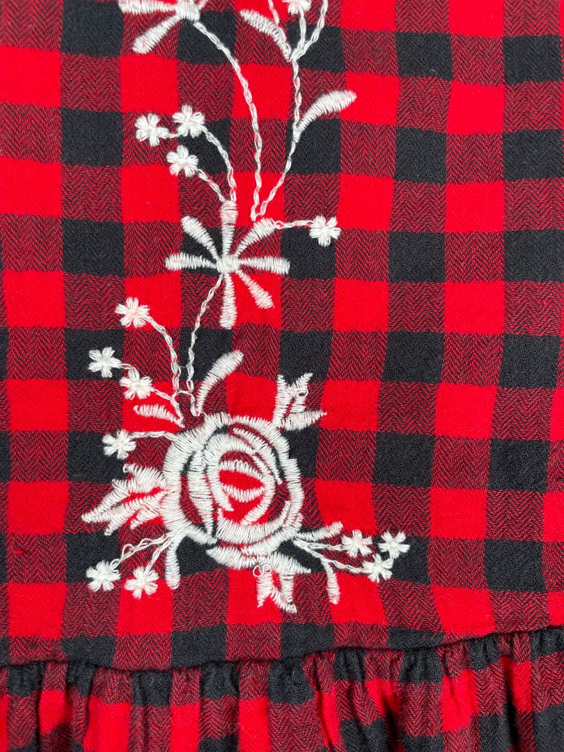 3/3T, babyGap, Red, Black gingham drop-waist long-sleeve dress w/ white floral embroidery