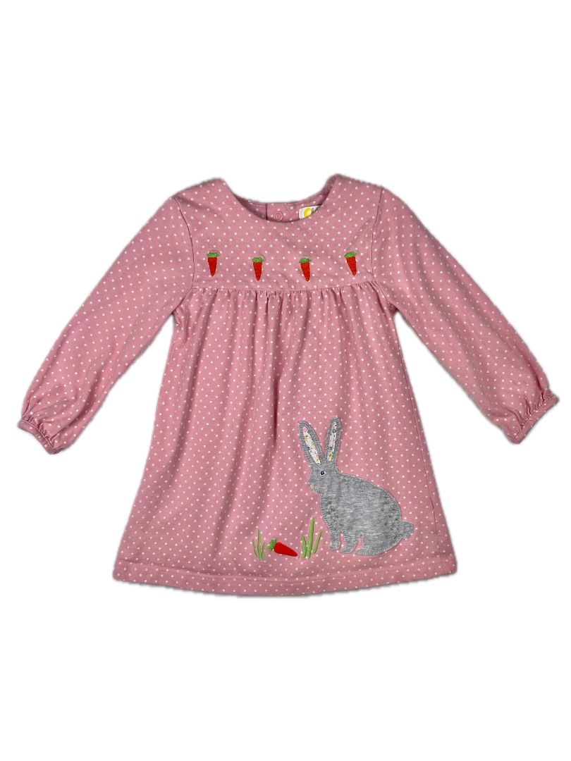 6-12 mo, Boden, Pink, Polka dot appliqué bunny + carrots long-sleeve dress, snap-up back