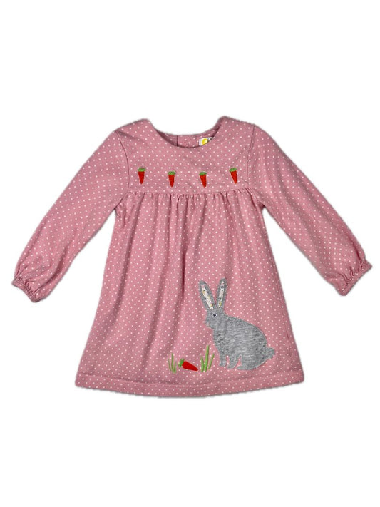 6-12 mo, Boden, Pink, Polka dot appliqué bunny + carrots long-sleeve dress, snap-up back
