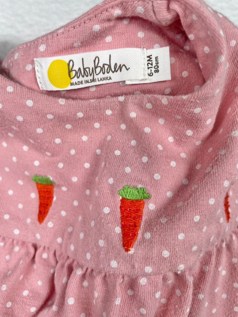 6-12 mo, Boden, Pink, Polka dot appliqué bunny + carrots long-sleeve dress, snap-up back