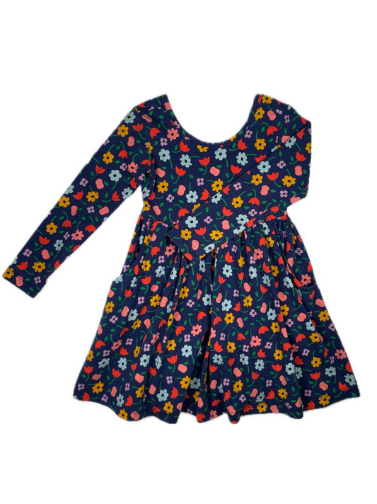 4/4T, Hanna Andersson, Floral long-sleeve skater dress, cotton + stretch, red/yellow/green