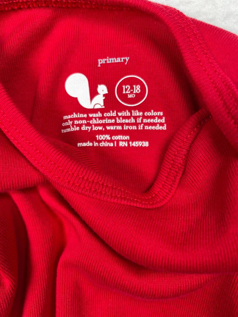 12-18 mo, Primary, Red, Solid long-sleeve bodysuit