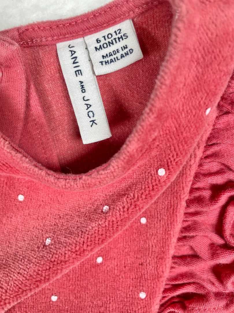 6-12 mo, Janie and Jack, Pink, Polka dot fuzzy coverall, ruffles at chest, snap legs