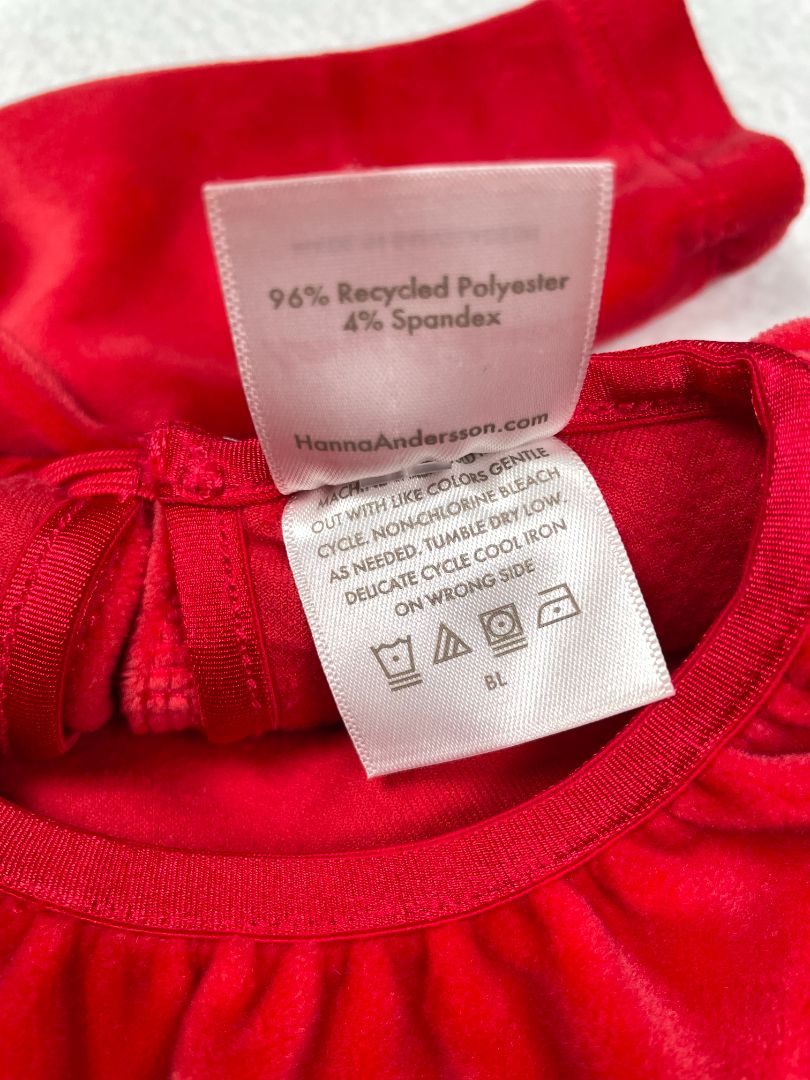 6-12 mo, Hanna Andersson, Red, Recycled plush velour long-sleeve bodysuit, ruffle collar