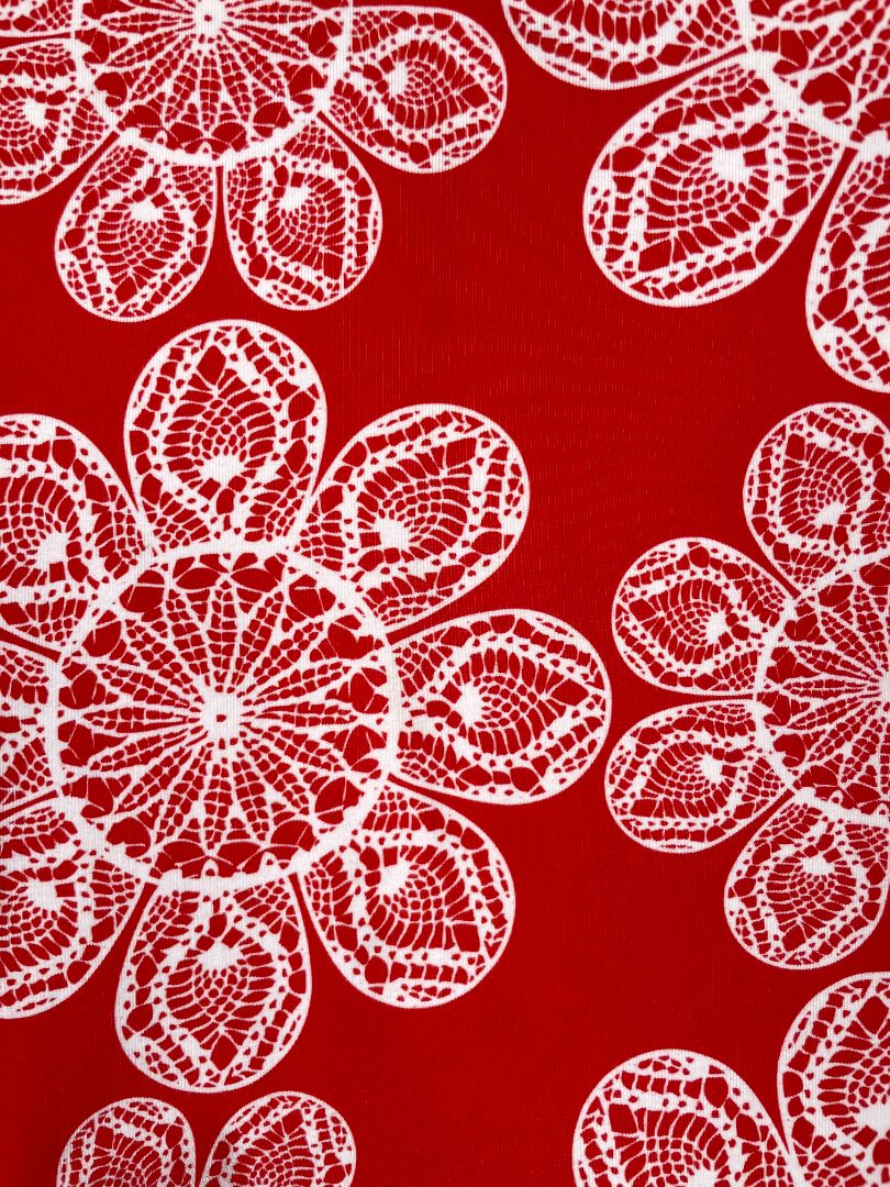 3/3T, Naperonuttu, Red, White flower long-sleeve dress w/ ruffles, organic cotton + stretch