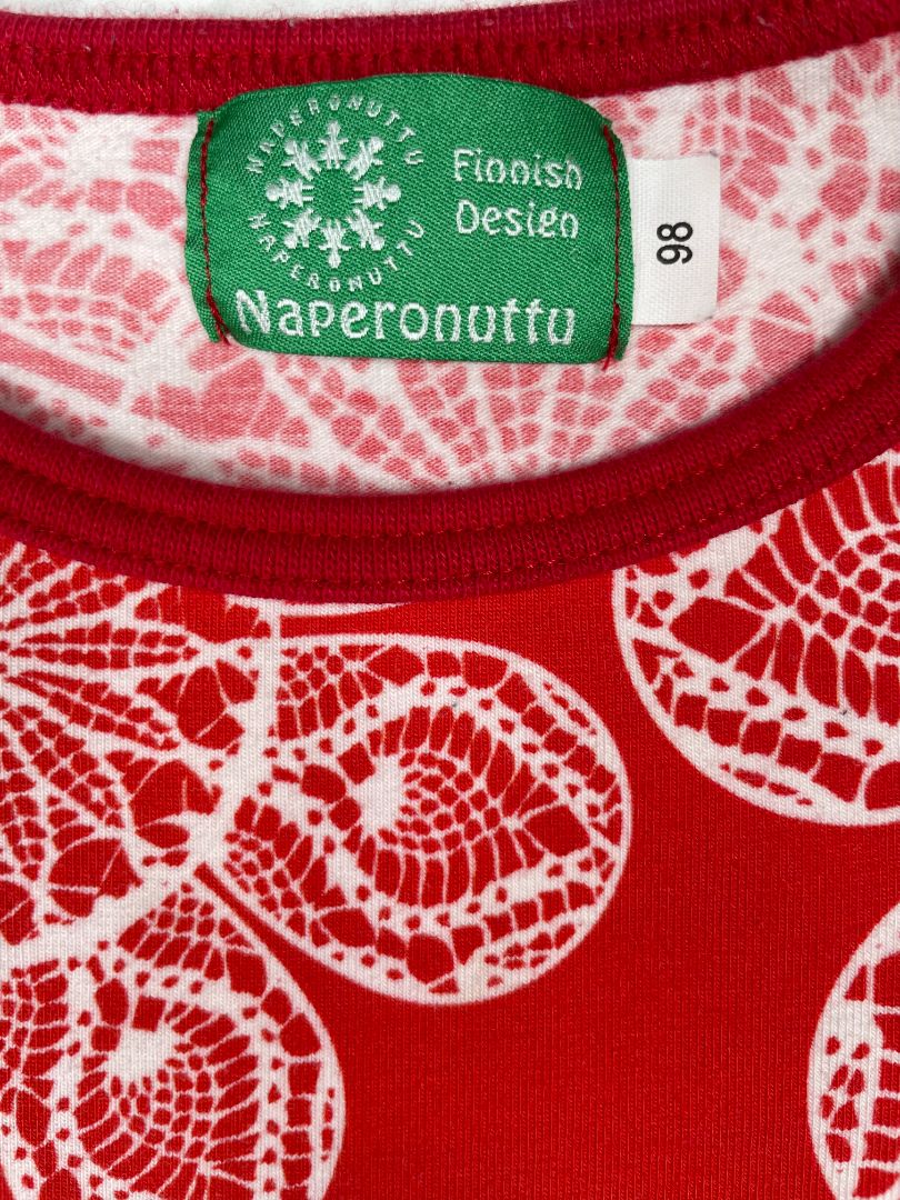 3/3T, Naperonuttu, Red, White flower long-sleeve dress w/ ruffles, organic cotton + stretch