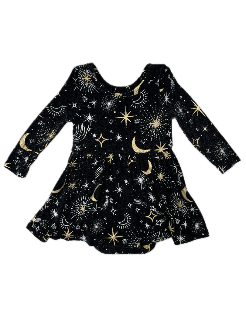 6-12 mo, Play by Little Sleepies, Black, Starry night long-sleeve bamboo skater dress w/ bodysuit
