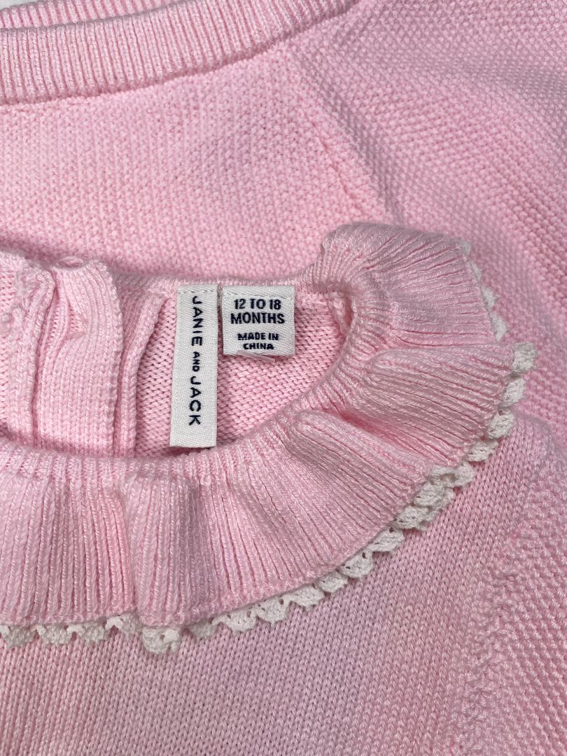 12-18 mo, Janie and Jack, Pink, Knit long-sleeve dress, ruffle collar + bloomers SET