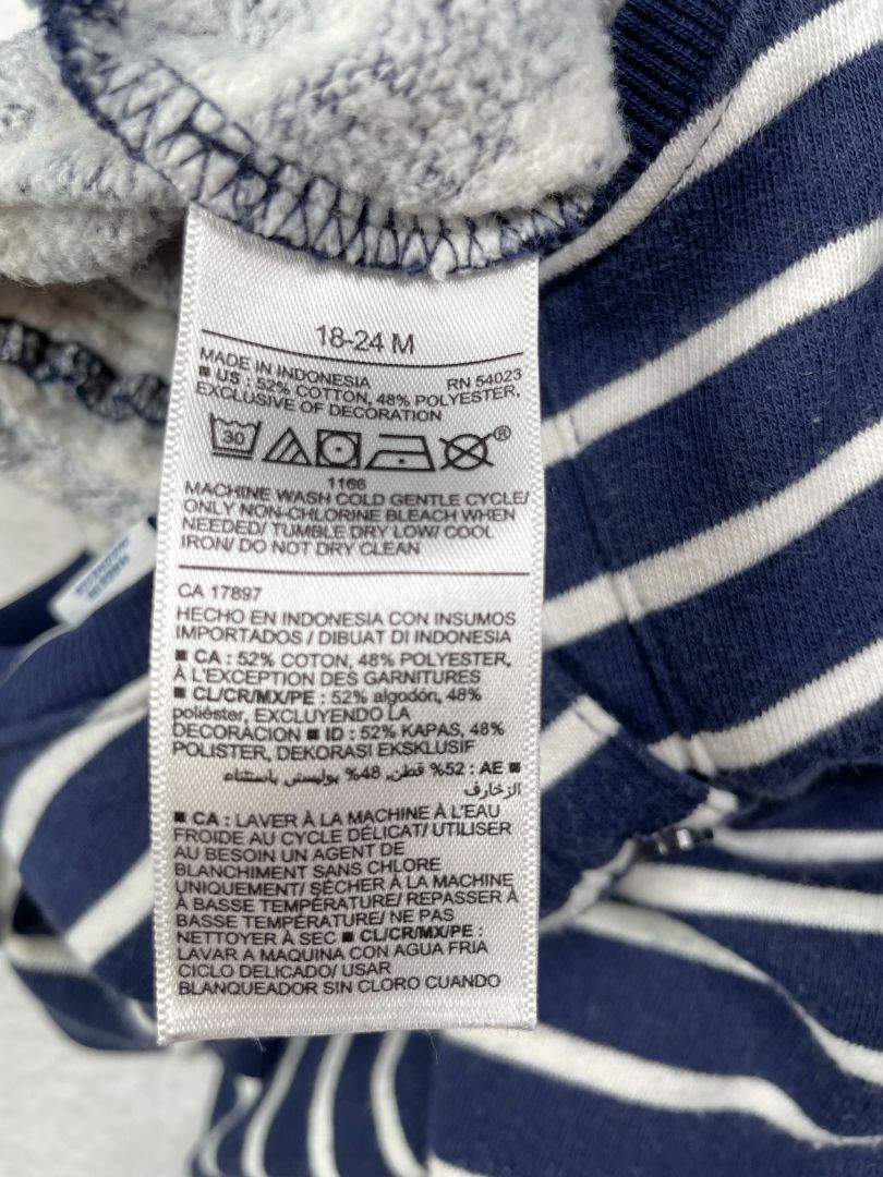 18-24 mo, Old Navy, Blue, White striped sweatshirt coverall, red heart, snap legs