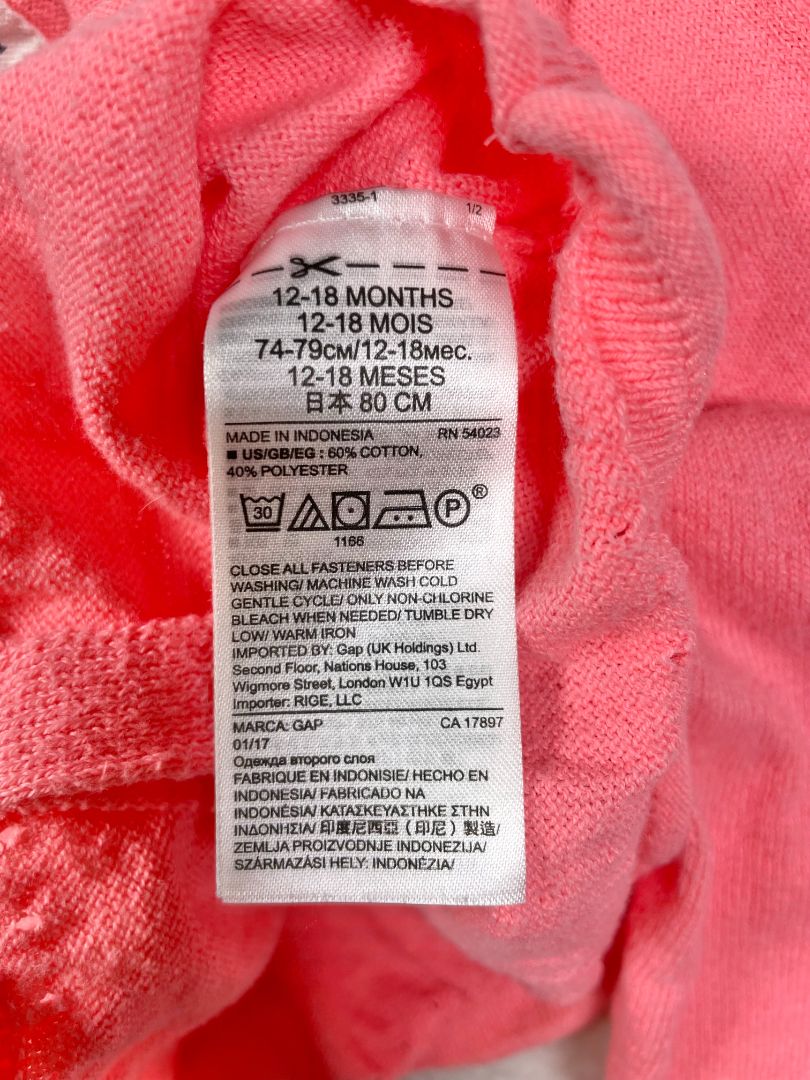 12-18 mo, babyGap, Pink, Neon button-up cardigan, pointelle accents