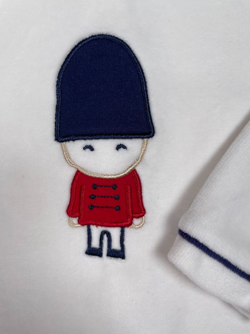 12 mo, Mayoral, White, London guard fleece long-sleeve footed coverall, red/blue plaid accents