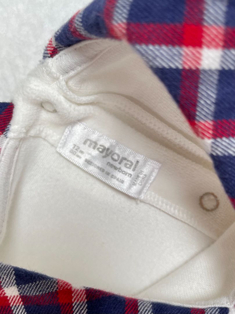 12 mo, Mayoral, White, London guard fleece long-sleeve footed coverall, red/blue plaid accents