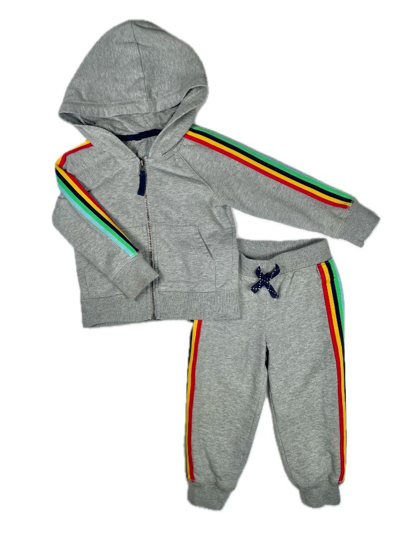 12-18 mo, Primary, Grey, Zip-up hooded sweatshirt + sweatpants w/ rainbow trim SET