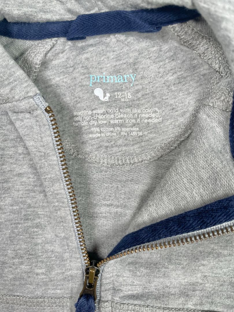 12-18 mo, Primary, Grey, Zip-up hooded sweatshirt + sweatpants w/ rainbow trim SET