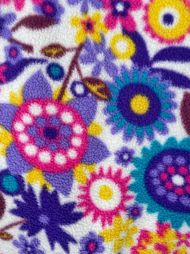 12 mo, Patagonia, Purple, Hooded floral fleece bunting, zips on legs, side, & front