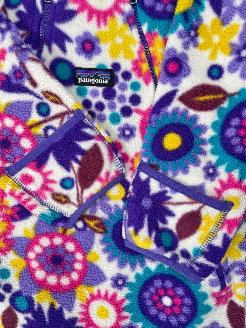 12 mo, Patagonia, Purple, Hooded floral fleece bunting, zips on legs, side, & front
