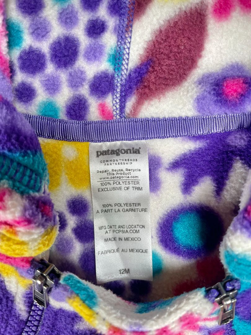 12 mo, Patagonia, Purple, Hooded floral fleece bunting, zips on legs, side, & front