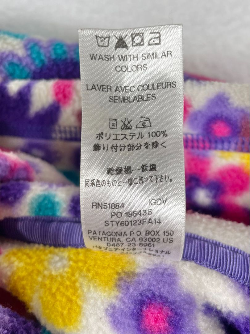 12 mo, Patagonia, Purple, Hooded floral fleece bunting, zips on legs, side, & front